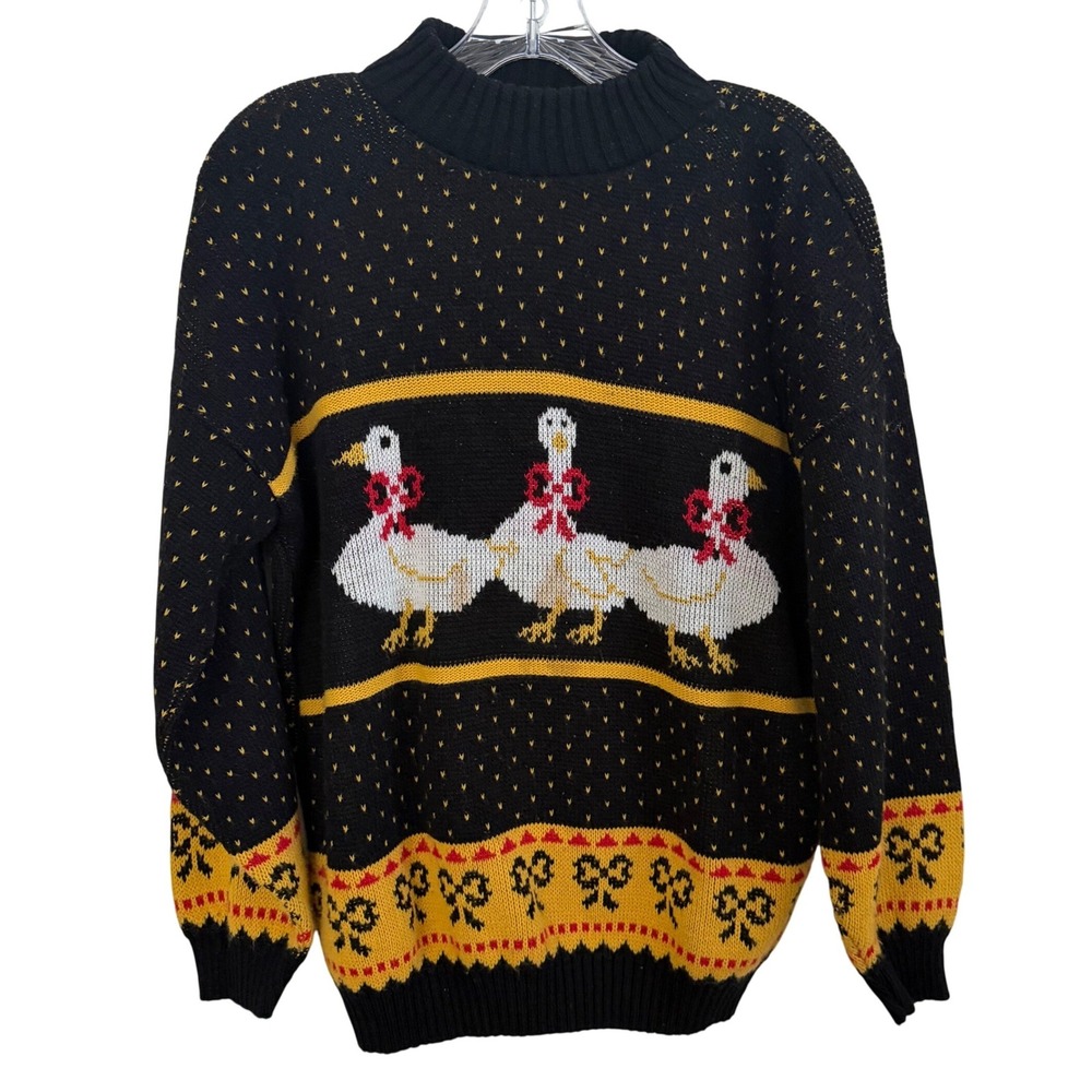 VTG Private Eyes Goose Sweater Made USA Black Novelty Knit‎ Cozy Winter L